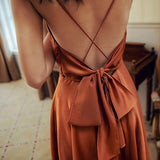 Daiiibabyyy Sexy Sling v-Neck Long Dress Summer A-Line Backless Back Cross Bow-knot Satin Women Party Club Bar Dress New