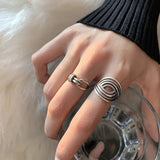 Daiiibabyyy 925 Sterling Silver Rings INS Fashion Hip Hop Vintage Couples Hollow Lines Punk Thai Silver Party Adjustable  Jewelry