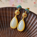 Daiiibabyyy  Gold Color Hetian Jade Earrings for Women Girl Gift Trendy Cheongsam Design Jewelry Dropship