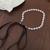 Daiiibabyyy Goth Pearl Choker Necklace Black Velvet Bow Pendants Women Jewelry on The Neck Chain Beads Necklace Chocker Collar for Girl Kpop