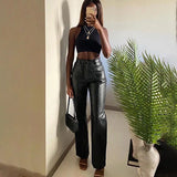 Daiiibabyyy Leather Pants Pocket Sexy Slim Hips Pu Women Straight Leg Pants With Zipper And Button New Fashion