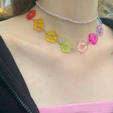 Daiiibabyyy  Egirl Jewelry Rainbow Resin Flower Choker Harajuku 2000s Fashion Necklace For Women Y2K Accessories Kawaii Party