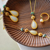 Daiiibabyyy  Gold Color Hetian Jade Earrings for Women Girl Gift Trendy Cheongsam Design Jewelry Dropship