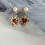 Daiiibabyyy -  Korean Trendy Red Crystal Stone Dangle Earrings Simple Vintage Gothic Pearl Heart Hanging Earrings Ear Drop Jewelry New