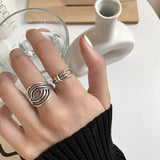 Daiiibabyyy 925 Sterling Silver Rings INS Fashion Hip Hop Vintage Couples Hollow Lines Punk Thai Silver Party Adjustable  Jewelry