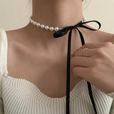 Daiiibabyyy Goth Pearl Choker Necklace Black Velvet Bow Pendants Women Jewelry on The Neck Chain Beads Necklace Chocker Collar for Girl Kpop