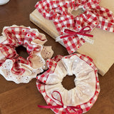 Daiiibabyyy  Women's Scrunchies Sweet Style Red Checkered Heart Shaped Hair Band Sweet Lace Hair Hair Tie Square Scarf Hair Tie Leather Band