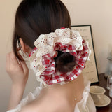 Daiiibabyyy  Women's Scrunchies Sweet Style Red Checkered Heart Shaped Hair Band Sweet Lace Hair Hair Tie Square Scarf Hair Tie Leather Band
