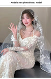 Daiiibabyyy  Wedding Bridal Veil Lace Pearl Trim Elegant Bride Headpiece for Wedding Ceremony Bridal Photoshoot,Lightweight Tulle Bridal Veil