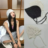 DAIIIBABYYY  -  Korean Designer Strap Beanies Caps for Women Summer and Autumn Thin Hollow Breathable Versatile Sweet Retro Knitted Hats