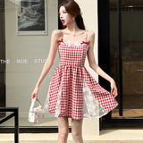 DAIIIBABYYY  -  Red Plaid Patchwork Lace A-Line Short Dress Women Elegant Bow Y2k Dress Summer Korean Fashion Bodycon Festival Party Dress