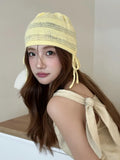 Daiiibabyyy  Ins Cute Bow Strap Knitted Beanies Cap Y2K Spring and Autumn Travel Thin Breathable Versatile Casual Sweet Woman's Hats
