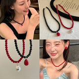 DAIIIBABYYY  -  Glass Bead Neckchain Vibrant Color Pearl Drop Pendant Necklace Stylish Choker Ornament Anniversary Birthday Gift D0LC