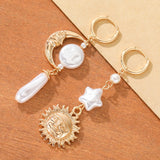 Daiiibabyyy  Luxury Vintage Style Sun Moon Asymmetric Faux Pearl Women Dangle Earrings Suitable For Banquet And Dinner Matching