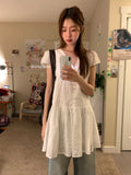 Daiiibabyyy  Retro Korean Sle ort Sve Hollow out Trim Button Slimming Casual Dr Unique SEI Girl Feeling High Waist Commute Dr