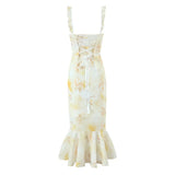 Daiiibabyyy  Sexy Wood ears V neck Light Yellow Floral Print Ruffles Strap Sling Dress Summer Woman Ruffles Hem Midi Dresses Robe Vestidos