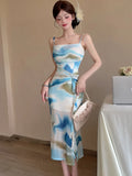 DAIIIBABYYY  -  Summer Boho Print Mesh Chic Ruffled Long Dress Women Elegant Bodycon Sling Sexy Dress 2025 Korean Fashion Luxury One Piece Dress