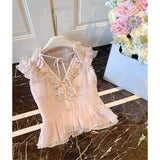 Daiiibabyyy  Kawaii Pink Shirts Women Cutecore Cropped Ruffles Chiffon Blouses Summer Ladies Fashion Korean Lace Up Flying Sleeve Tops