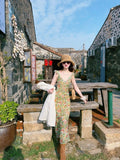 Daiiibabyyy  French Vintage Green Floral V-neck Small Flying Sleeves Long Dress for Women Summer Waist Slimming Sweet Sleeveless Beach Dress