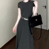Daiiibabyyy  New French Grey Short Sleeved Dress Women's O-Neck Wear Summer New Style High End Collection Waist Style Ankle-Length Dresses