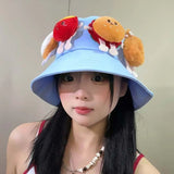 Daiiibabyyy  Breathable Sunscreen Basin Cap Adjustable French Fries Hamburger Fisherman Hat Plush Doll Lightweight Cartoon Sunshade Hat Kids