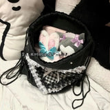 Daiiibabyyy  Lace Plaid Love Heart Mochilas Mujer Sweet Cute Bow Mochila Drawstring Bag Portable Lightweighte Backpack Y2k Bags for Woman