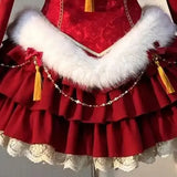 DAIIIBABYYY  -  Japan New Chinese Style Retro Cute Improved Cheongsam New Year'S Shirt Lolita Long-Sleeved Waist Cake Puffy Dress Winter