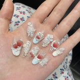 Daiiibabyyy  10pcs Cat's Eye False Nails Tips with Flower Design Long Almond Fake Nail Strawberry Bow Pattern Press on Nails French Manicure