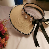 DAIIIBABYYY  -  New Vintage Pearl Empty Hat Bow Streamer Adjustable No Top Hat Holiday Simple Generous Sun Protection Beach Hat Women