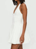 Daiiibabyyy  Women's White Halter Neck Pleated Mini Dress For Summer Street Beach Party