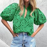DAIIIBABYYY  -  Half Lantern Sleeve Fashion Tops, Women Summer Loungewear Solid Hollow Out Blouses, Ruffled Elegant Ladies Pullover Shirts