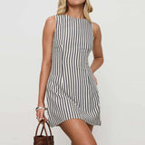 Daiiibabyyy  Lady O Neck Hollow Sleeveless A-line Dress Summer Minimalist Striped Slim Office Dress New Casual Lace Up High Waist Short Dress