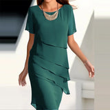 Daiiibabyyy Elegant Lady Patchwork Chiffon O Neck Short Sleeve Dress Fashion Sexy Female Casual Party Dress New Women's Tierred A Line Dress
