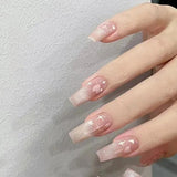 Daiiibabyyy 24pcs Mid Length False Nail Ins Star Heart Design Pink Fake Nails Patch Korean Sweet Girl Coffin Artificial Acrylic Nail Tips