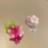Daiiibabyyy  New Flower Acrylic Ring New Korean Style White Lily Index Finger Ring Elastic Beaded Unique Creativity Fold Women Jewelry Gifts