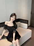 Daiiibabyyy  Ruffled One-length Necklace Spliced A-line Dress with Pleated Waist Design Sweet