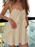 Daiiibabyyy  French Temperament Solid Ruffles Spaghetti Strap V Neck A-LINE Short Off Shoulder Dresses