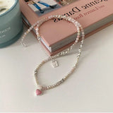 Daiiibabyyy  Korea Silver Color Acrylic Beads Pearl Strand Choker Necklaces for Women Pink Color Enamel Love Heart Pendant Necklace