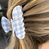 Daiiibabyyy  Gingham Hair Claw Clips for Women Pink Blue Checkered Flowers Zircon Acrylic Jaw Clips Strong Hold Non-Slip Hair Accessories