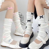 DAIIIBABYYY  -  Woman Bow Leg Warmers Autumn and Winter Ribbon Lolita Black Knee Warmers Long Socks JK Knitted Girl White Leg Warmers