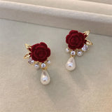 Daiiibabyyy  Wine Red Imitation Velvet Rose Pearl Earrings for Women Vintage Red Rose Elegant High-end Studs Earrings Jewelry Accessories