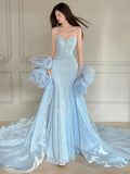 Daiiibabyyy  Luxury Blue Evening Dresses for Women Beaded Wedding Guest Mermaid Sweep Train Celebrity Dress Sequin Crystal vestidos de gala