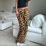 DAIIIBABYYY  -  Brown Leopard Print Casual Pants Autumn Winter Warm Lace-up Low Rise Straight Pants for Women y2k Streetwear Trousers New