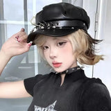 Daiiibabyyy  Harajuku PU Leather Rivet Punk Cap Dark Retro Beret Hat Gothic Spike Cap Black Lolita Cool Painter Hat Mens Women
