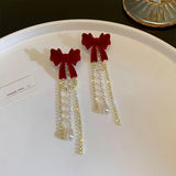 DAIIIBABYYY  -  Wine Red Flocking Bow-knot Rhinestone Pearl Tassel Drop Earrings for Women Korean Fashion Winter New Year Party Earring Jewelry