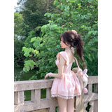 Daiiibabyyy  Kawaii Pink Mini Dress Women Party Cutecore Lace Patchwork Dresses Summer Japanese Fashion Flying Sleeve Bodycon A Line Vestidos