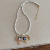 Daiiibabyyy  Cute Candy Color Rhinestones Acrylic Cartoon Horse Pendant Necklaces for Women Simulated Pearl Strand Sweater Chain Choker