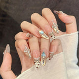 Daiiibabyyy  10pcs Handmade Charming Acrylic False Nail Pink Nude Leopard Print Pearl Rhinestone Decor Press On Nails For Women Party Wedding