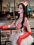 Daiiibabyyy  Sexy Maid Costume Set Halloween Sweetheart Nurse Lace Strap Mesh Pure Desire Puffy Skirt Two-Piece Suit for Women