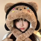 Daiiibabyyy  1pc Headphone-Style Puppy Hat for Women, Autumn & Winter Cute Fleece Hat-Scarf Set, Thickened Warm Ear & Neck Protection